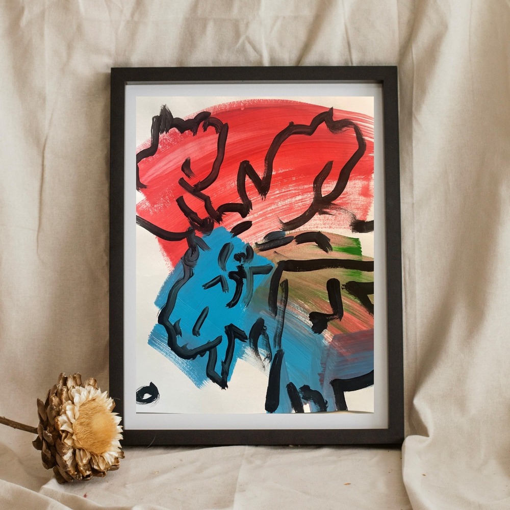 OMAN Original Moose Painting Abstract Expressionist Art 8.5x11 Blue Red Colorful